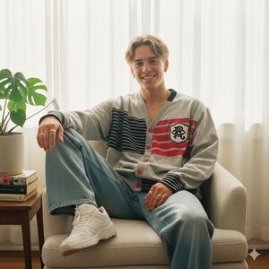 Rocawear Men's Grey Red Black Striped Patch‎ Button Cardigan Sweater - Size XL